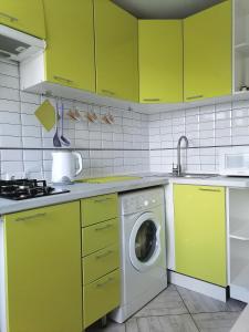 カリーニングラードにあるCozy apartment on Сhernyahovskogo 78のキッチン(緑のキャビネット、洗濯機付)