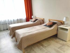 a bedroom with two beds and a table with a lamp at Cozy apartment on Сhernyahovskogo 78 in Kaliningrad