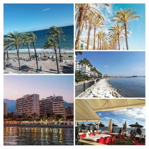 a collage of four pictures of the beach and buildings at Big and cozy apartment with a big terrace in the center of the old town with AC from 2024 summer season in Marbella