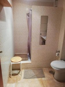 a bathroom with a shower with a toilet and a stool at Acogedor estudio con vistas al mar 1ªLínea in Bellreguart
