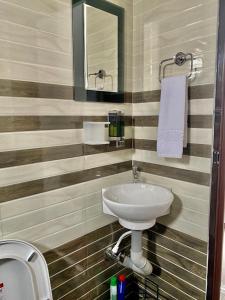 uma casa de banho com um lavatório, um espelho e um WC. em DOLPHIN ENCLAVE SERVICE STUDIO APARTMENTS em Kalpetta