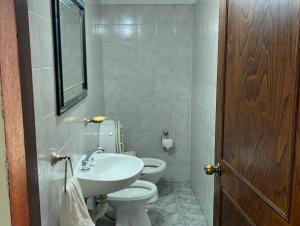 a bathroom with a white toilet and a sink at Casa calle Paula in San Juan +16 photos