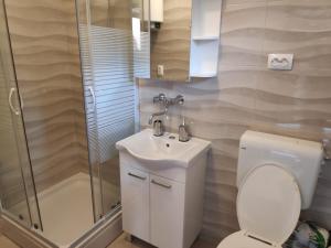 a bathroom with a toilet and a sink and a shower at Apartments Marica - 10m from sea in Tisno