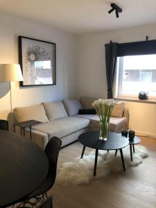 尼乌波特CONDO Romain的客厅里有一张沙发和一张桌子。