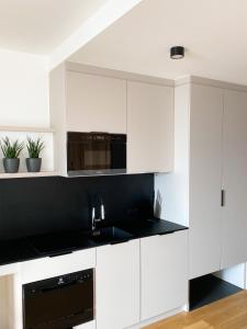 uma cozinha com armários brancos e um balcão preto em Palace 404 em Spindleruv Mlyn