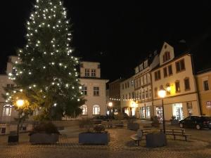 Un árbol de Navidad en una plaza de la ciudad por la noche en Neue Unterkunft mit Kamin im Erzgebirge - SZB, en Neuanbau