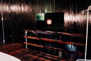 a room with a television on a wooden wall at Pipa Malbec in Petrópolis