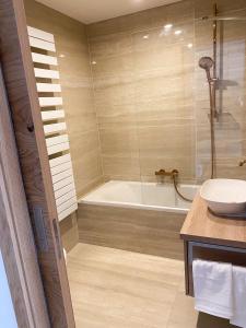 uma casa de banho com um chuveiro, uma banheira e um lavatório. em Palace 404 em Spindleruv Mlyn
