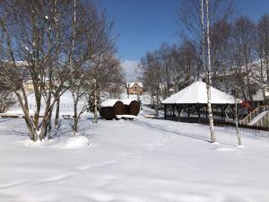 een met sneeuw bedekt park met een prieel en bomen bij Domeniul Valea lupilor- Pensiunea Valea cu struti in Şirnea