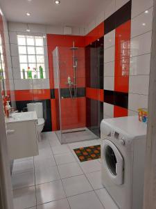 łazienka z pralką i prysznicem w obiekcie Apartament Nad Jeziorem Brenno w mieście Brenno
