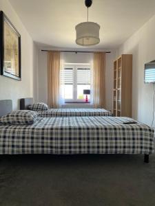 1 Schlafzimmer mit 2 Betten und einem Fenster in der Unterkunft Apartament Hanuszówka in Nysa