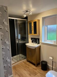 a bathroom with a shower and a sink and a shower at Pentland view croft with a sea view in Melvich