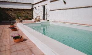 a swimming pool with potted plants next to a building at CASA RURAL LA LIBERTAD in Monesterio