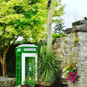 a green phone booth sitting next to a stone wall at Ryan's River Lodge B&B in Cong