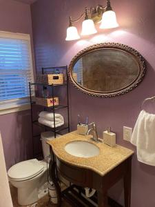 a bathroom with a sink and a toilet and a mirror at Cornerhouse, an Abilene Classic in Abilene