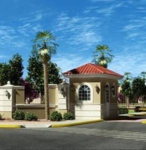 a house with two palm trees in front of a street at Departamento EMPRESARIAL cerca de zona industrial in Chihuahua