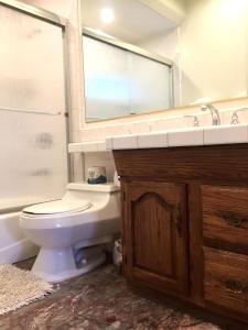 a bathroom with a toilet and a sink and a mirror at Chateau Royal East in Yosemite West +7 photos