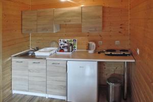 cocina con paredes de madera y encimera en Holiday home in a holiday park Rewal at 600 m from the sea en Rewal