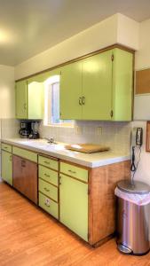 a kitchen with green cabinets and a trash can at Hawks Nest Lodge in Yosemite West