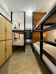 Habitación con 3 literas y pasillo. en Dayon Hostel, en Corón