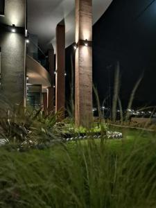 un edificio con hierba alta delante de él por la noche en Thetis Boutique Apartments, en Neos Marmaras