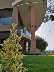 a building with a green lawn in front of it at Thetis Boutique Apartments in Neos Marmaras