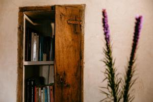 una estantería abierta con libros junto a una flor en Apartamento turístico rural Casa Chaín en Lugo