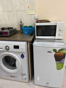 沙迦Entire Studio Flat in Sharjah.的洗衣机上的一个微波炉