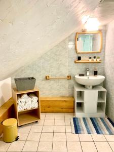 La salle de bains est pourvue d'un lavabo et d'un miroir. dans l'établissement Charmant appart sous toits proche Château des Ducs, à Chambéry