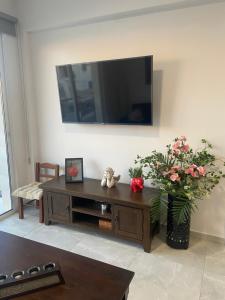 een woonkamer met een tv en een vaas met bloemen bij Player Sea View apartment in Paphos City