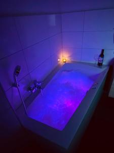 a bath tub with purple lighting in a bathroom at FeWo Lebenslust mit Whirlpoolbadewanne in Wernigerode