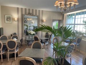 a restaurant with tables and chairs and a plant at Hôtel de la Plage in Houlgate