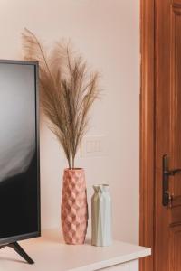 a vase with a plant in it sitting on a desk at Mountain Luxury Lodges in Slavetić