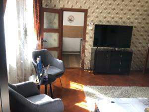 a living room with two chairs and a flat screen tv at Schei Studio 1 in Braşov