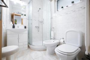 La salle de bains blanche est pourvue d'une douche et de toilettes. dans l'établissement Green House - Douro, à Peso da Régua