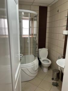 a bathroom with a shower and a toilet and a sink at Exclusive 9- Urban apartments in Kočani