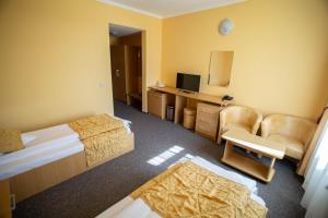 a hotel room with two beds and a television at Hotel Alexandra in Timişoara