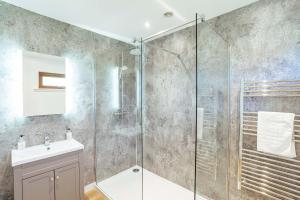 a bathroom with a glass shower and a sink at Kestrel Lodge 6 with Hot Tub in Newton Stewart +15 photos