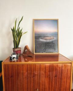 a picture on top of a wooden dresser with a camera at Vándor Apartman in Veszprém