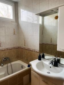 a bathroom with a sink and a tub and a mirror at Vándor Apartman in Veszprém