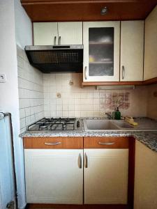 a small kitchen with a stove and a sink at Vándor Apartman in Veszprém