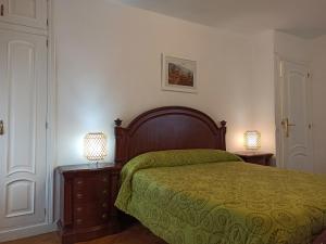 a bedroom with a green bed and two lamps at APARTAMENTO MARRODAN CENTRICO in Arnedillo