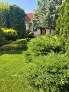 um jardim com arbustos verdes e uma casa em Villa Relax Apartman em Gárdony