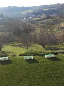 three park benches sitting in a field of grass at Apartments Da - Dent in Sveti Ivan Zelina