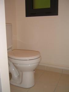 a bathroom with a white toilet in a room at Gite de Boncourt in Boncourt
