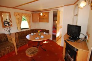 a living room with a table and a tv at Flemings White Bridge Self-Catering Mobile Home Hire in Killarney