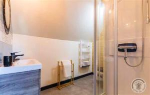 ein Badezimmer mit Dusche und Waschbecken in der Unterkunft Maison charmante à Pontorson avec piscine partagée in Pontorson