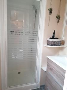 a shower with a glass door in a bathroom at Mobil-Home Cosy Climatisé 3 chambres in Vic-la-Gardiole