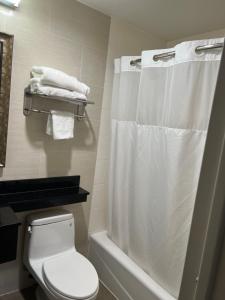 y baño con cortina de ducha blanca y aseo. en GWB Hotel en Bronx