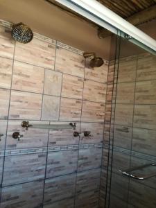 a shower in a bathroom with a wooden wall at Plato Lodge in Augrabies